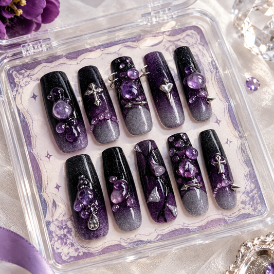 Purple Punk Violet Crystal Long Press On Nails