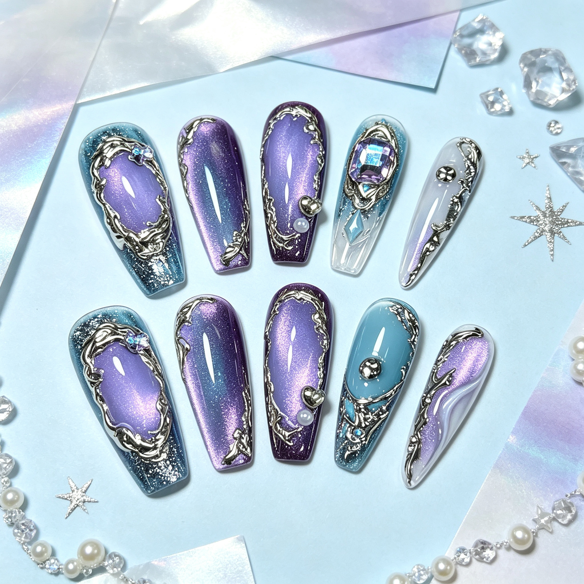 Purple Blue Gradient Metal Gem Medium Press On Nails