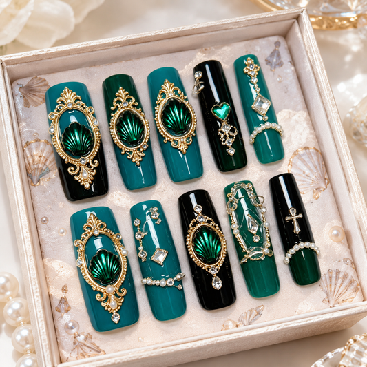 Emerald Teal Gold Court Long Press On Nails