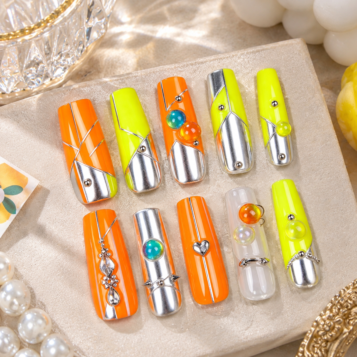Neon Orange Yellow Street Long Press On Nails