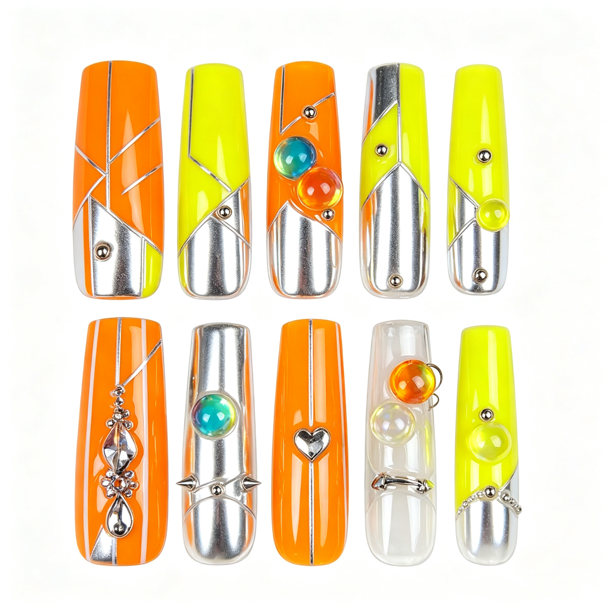 Neon Orange Yellow Street Long Press On Nails