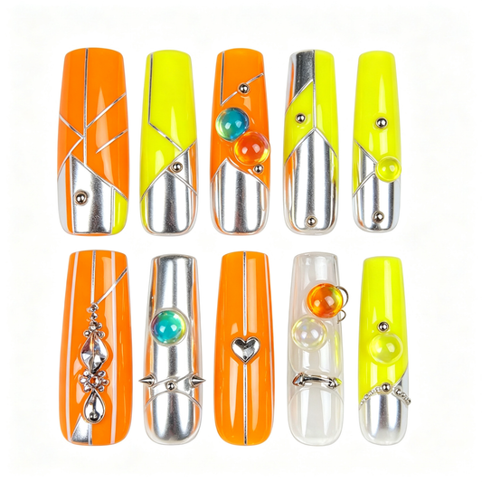 Neon Orange Yellow Street Long Press On Nails