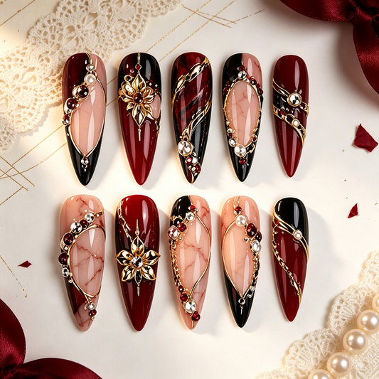 Wine Black Gold Filigree Medium Press On Nails