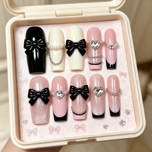 Black White Pink Bow Chain Long Press On Nails