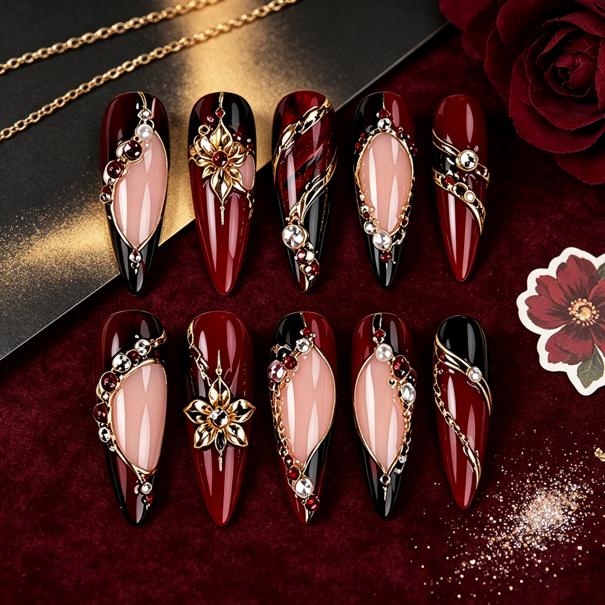 Wine Black Gold Filigree Medium Press On Nails