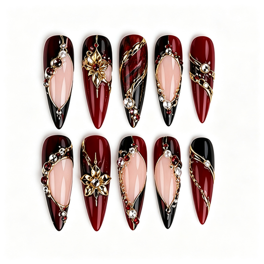 Wine Black Gold Filigree Medium Press On Nails
