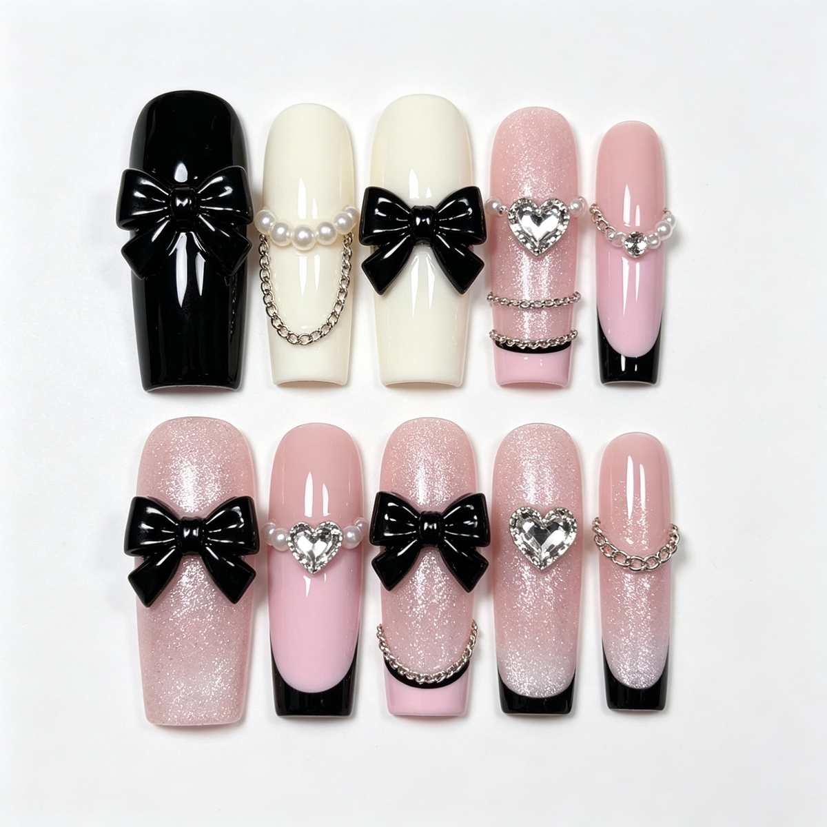 Black White Pink Bow Chain Long Press On Nails