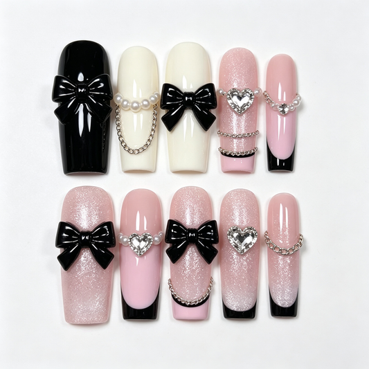 Black White Pink Bow Chain Long Press On Nails