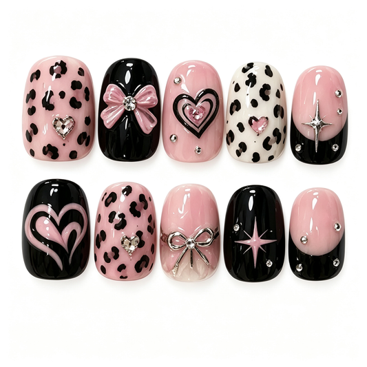Leopard Pink Star Bow Press On Nails