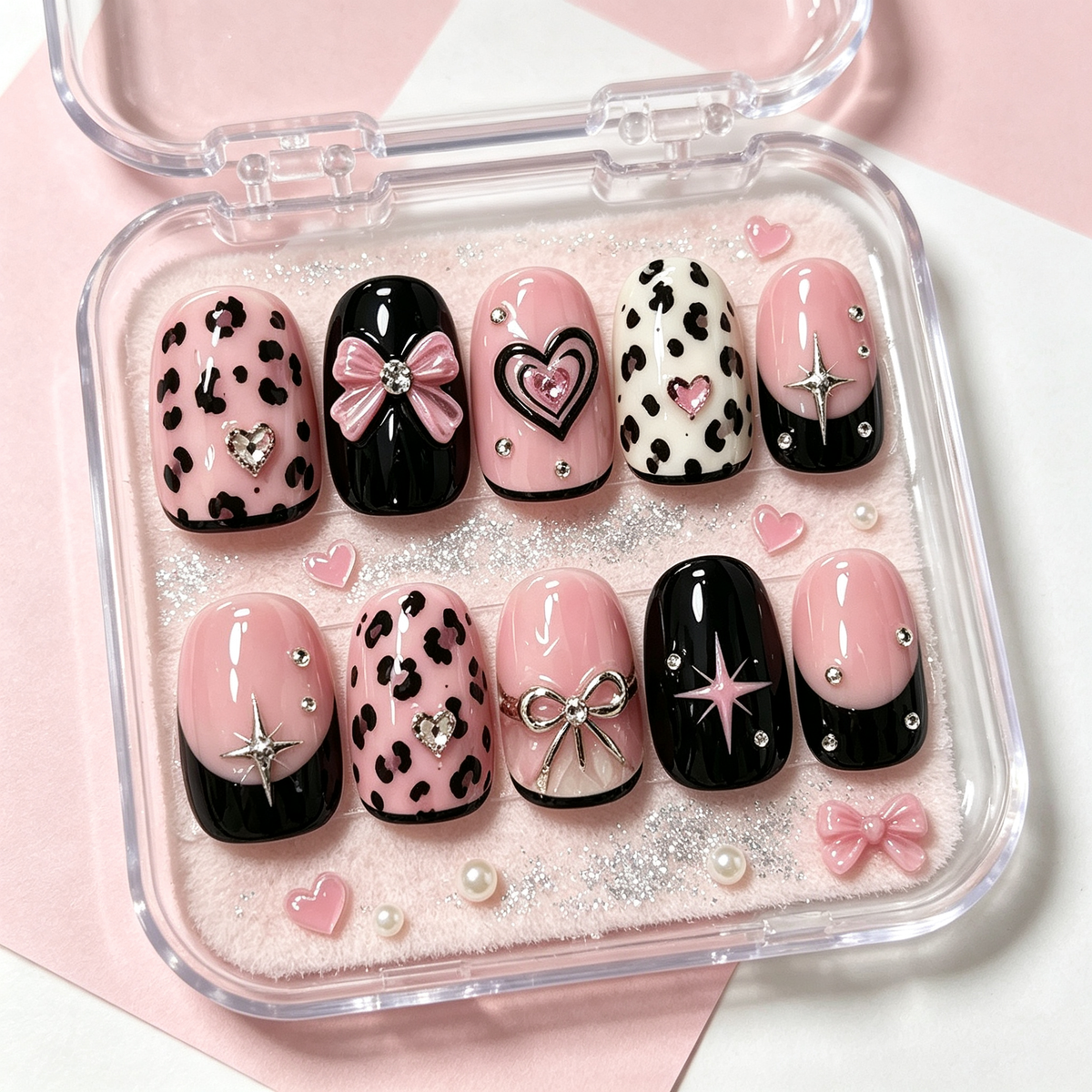 Leopard Pink Star Bow Press On Nails
