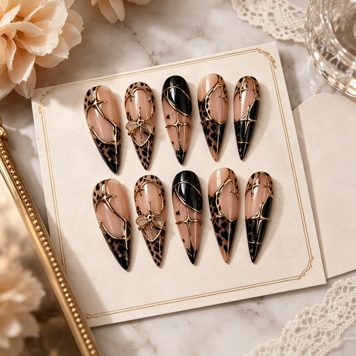 Leopard Gold Star Butterfly Medium Press On Nails