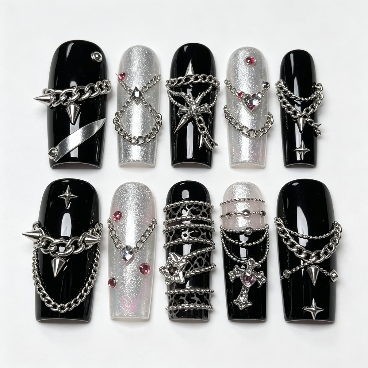 Black Silver Punk Chain Long Press On Nails