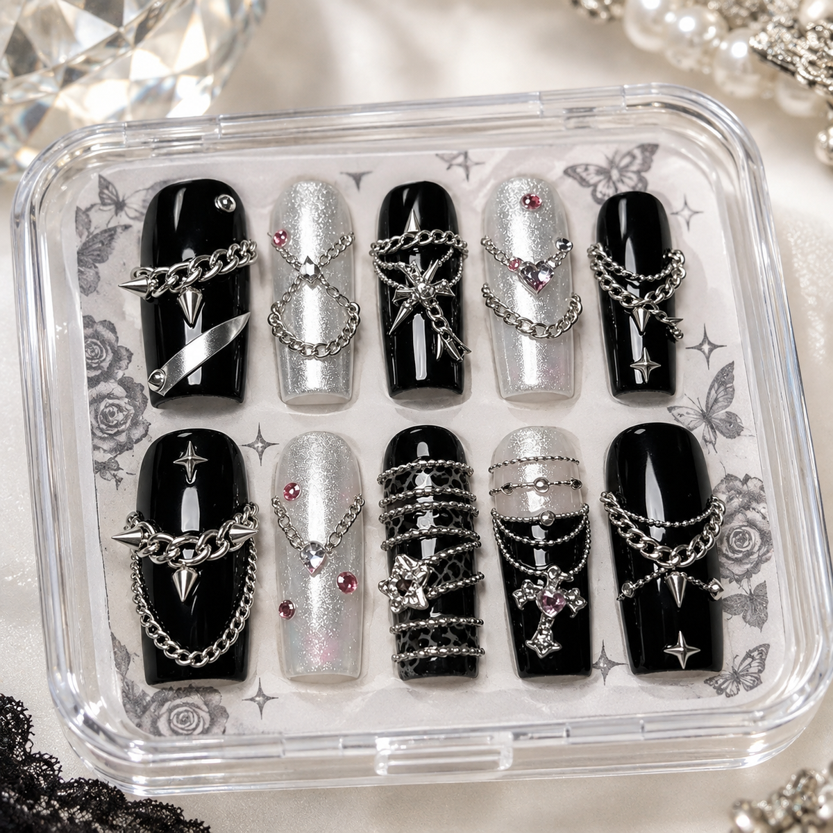 Black Silver Punk Chain Long Press On Nails