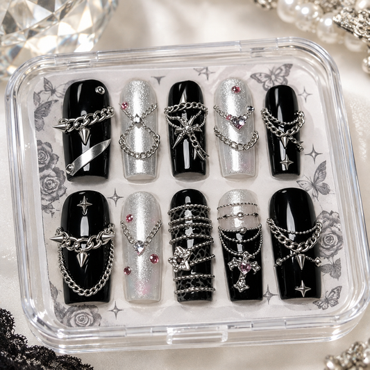 Black Silver Punk Chain Long Press On Nails