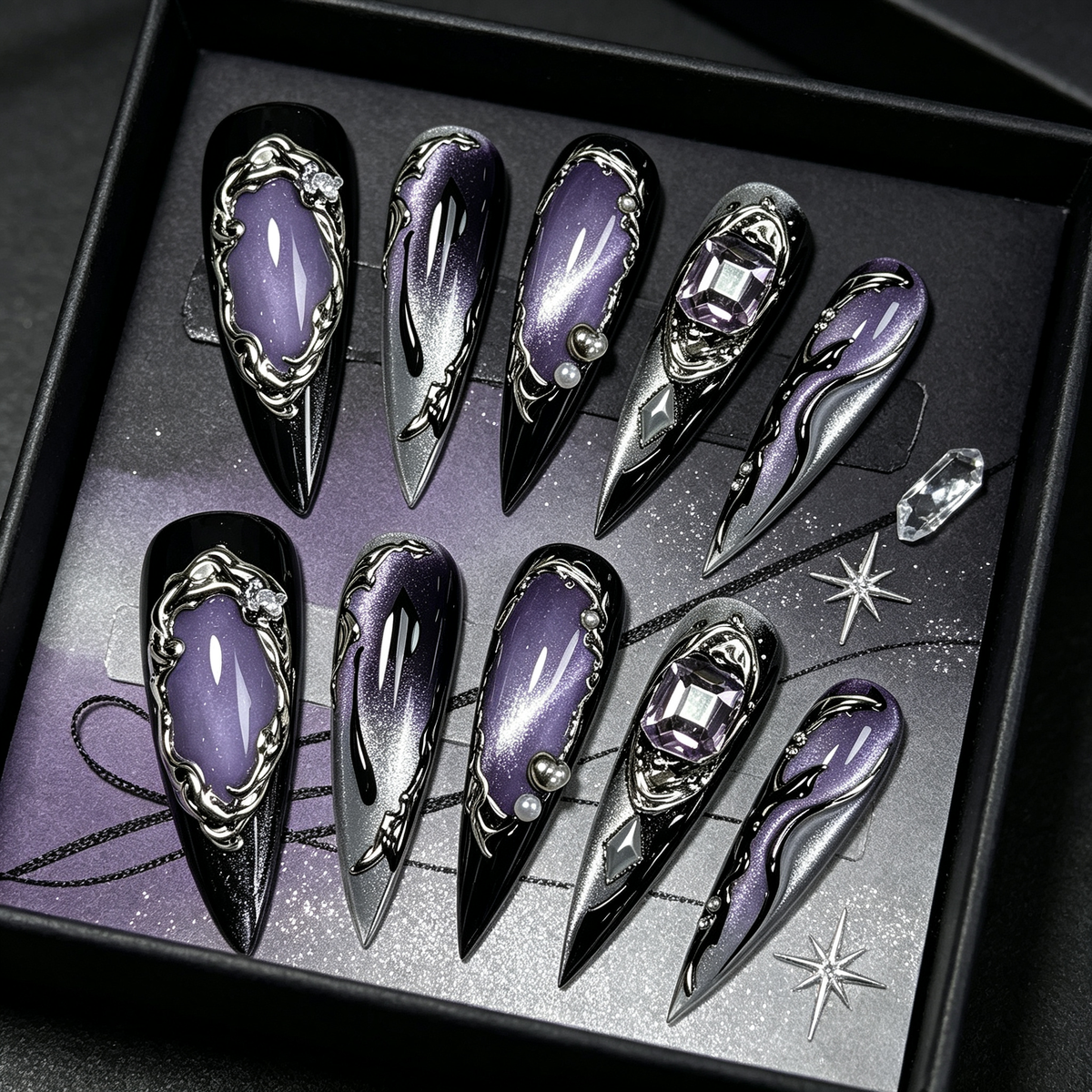 Black Purple Engraved Gem Long Press On Nails
