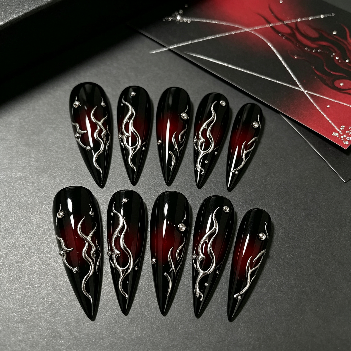 Black Red Flame Stud Medium Press On Nails