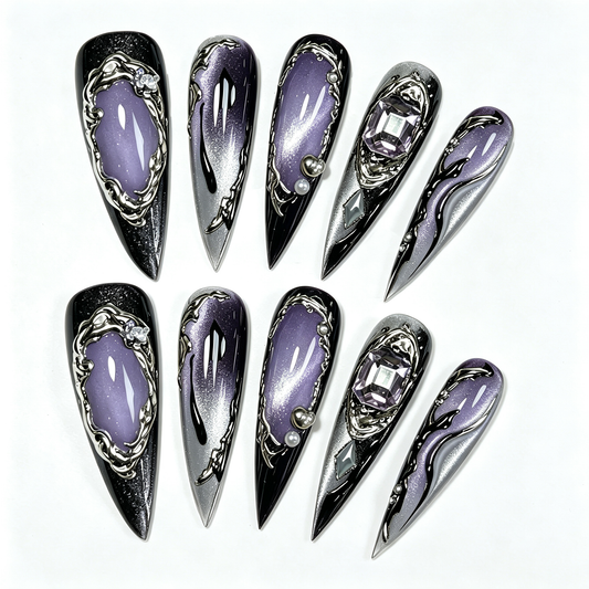 Black Purple Engraved Gem Long Press On Nails