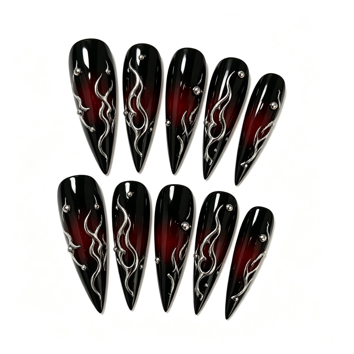 Black Red Flame Stud Medium Press On Nails