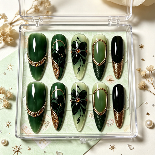Green Amber Gold Floral Long Press On Nails