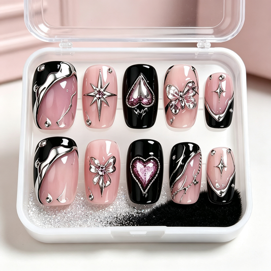 Silver Star Glam Nude Press On Nails