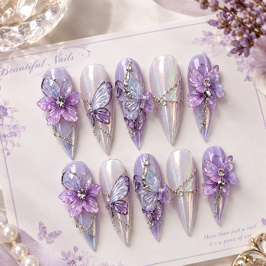 Lilac Pearl Butterfly Flower Medium Press On Nails