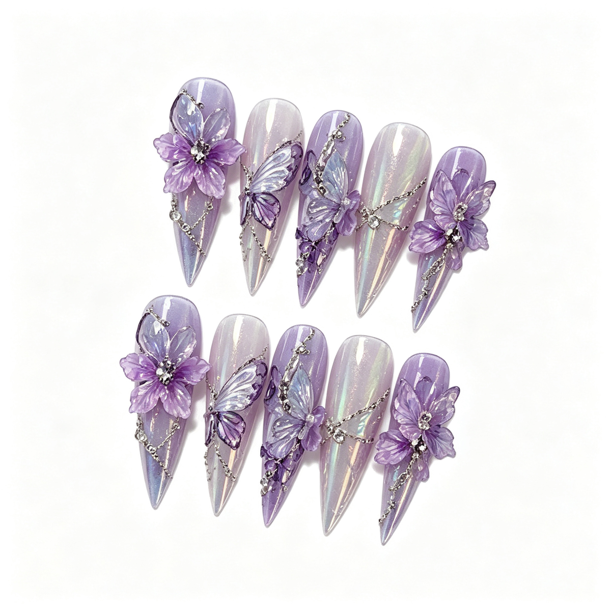 Lilac Pearl Butterfly Flower Medium Press On Nails