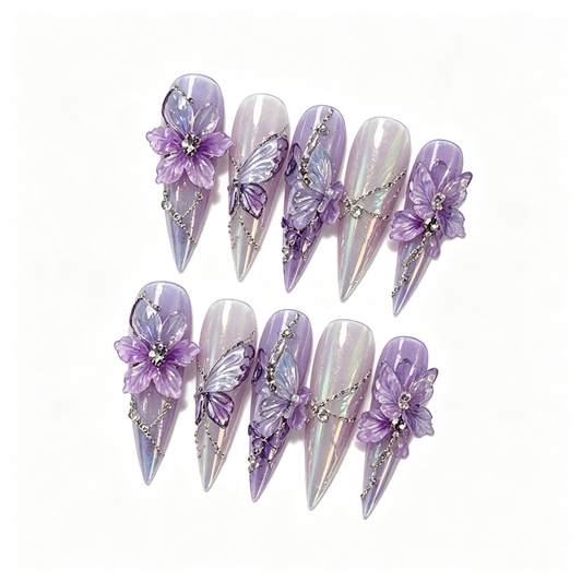 Lilac Pearl Butterfly Flower Medium Press On Nails