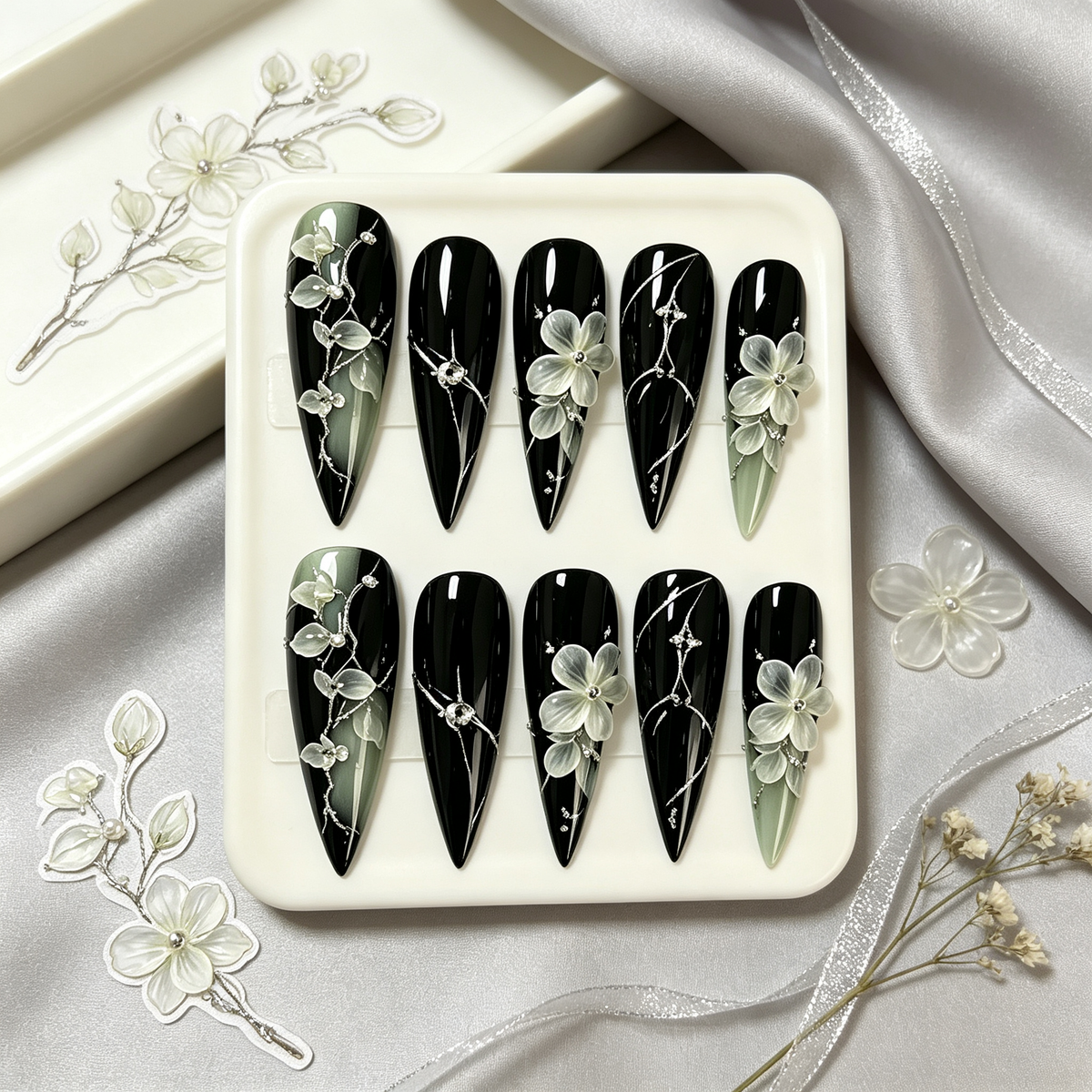 Black White Flower Ink Medium Press On Nails