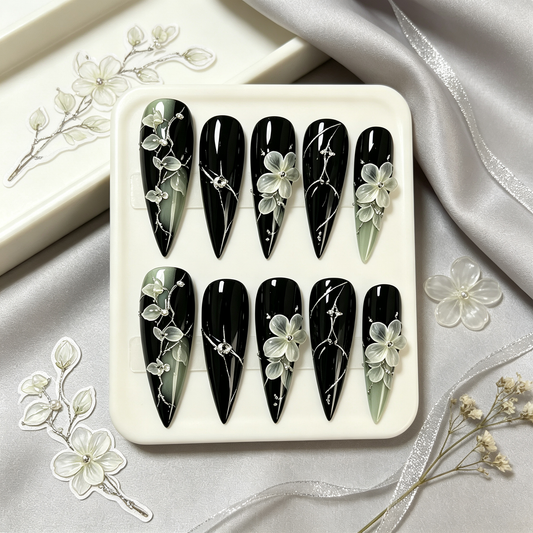 Black White Flower Ink Medium Press On Nails
