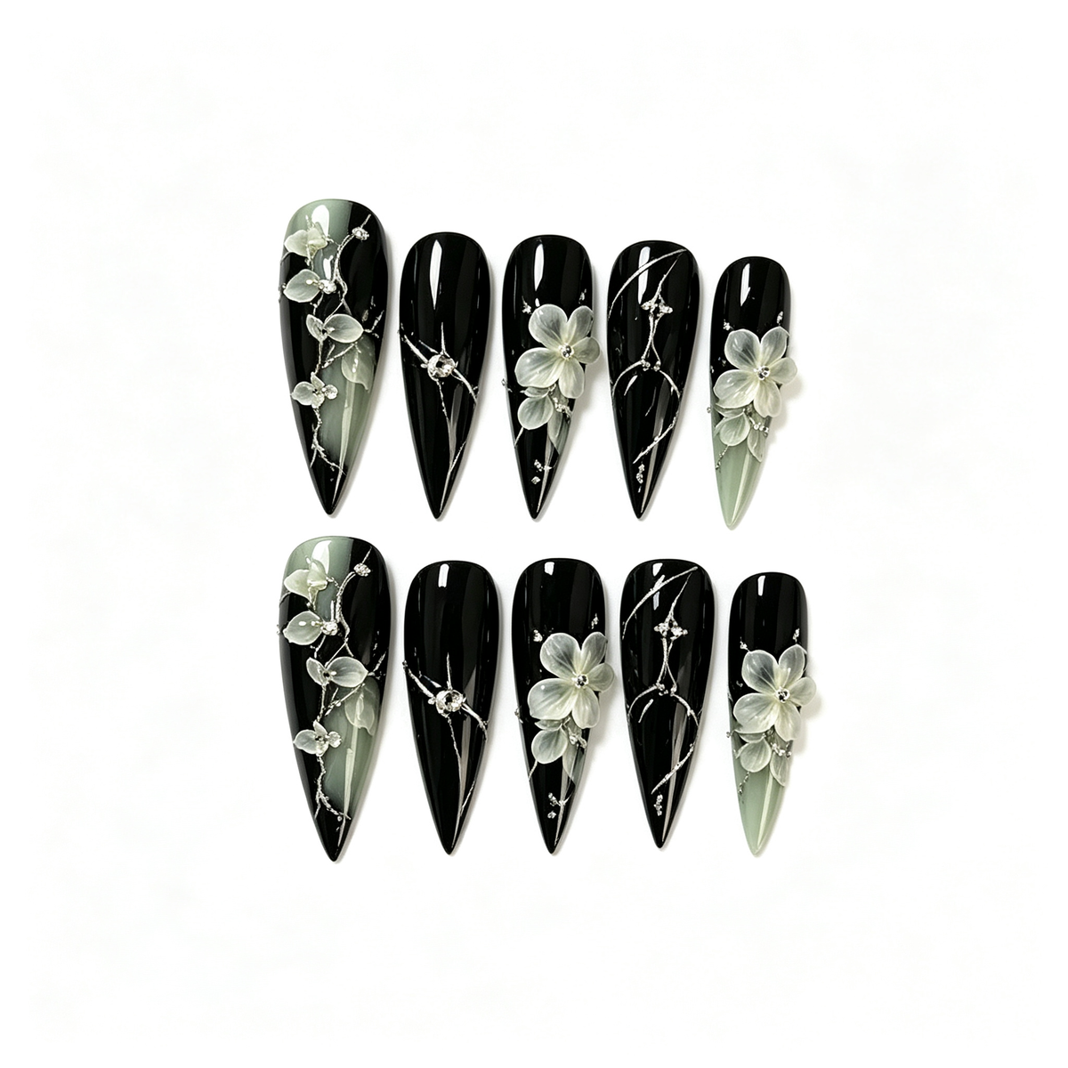 Black White Flower Ink Medium Press On Nails