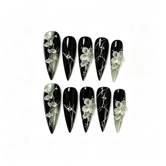 Black White Flower Ink Medium Press On Nails