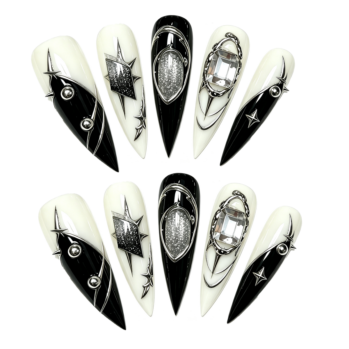 Black White Silver Punk Long Press On Nails