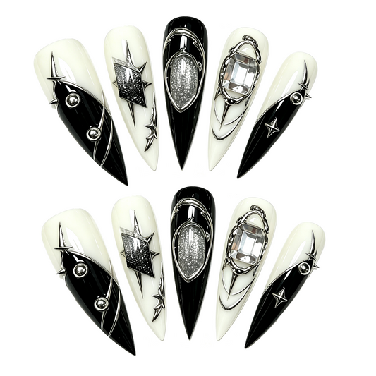 Black White Silver Punk Long Press On Nails