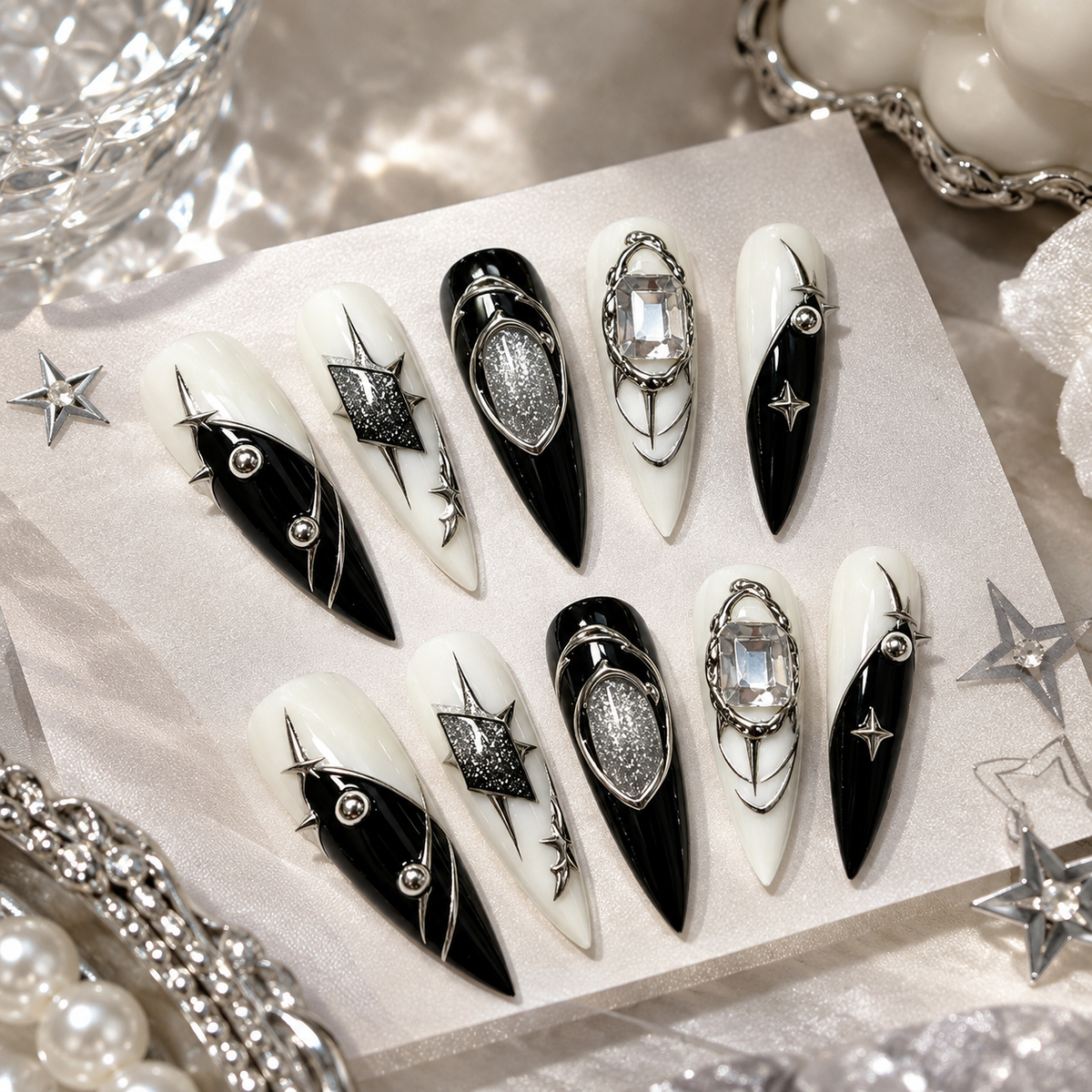 Black White Silver Punk Long Press On Nails