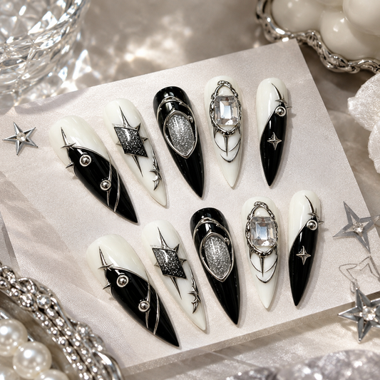 Black White Silver Punk Long Press On Nails