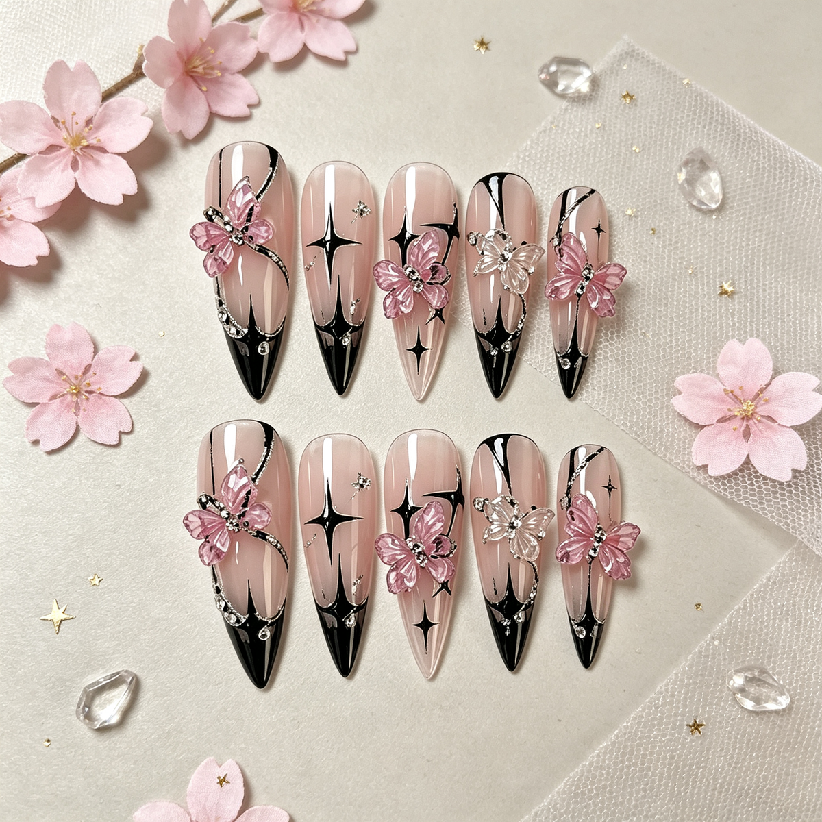 Nude Black French Butterfly Medium Press On Nails