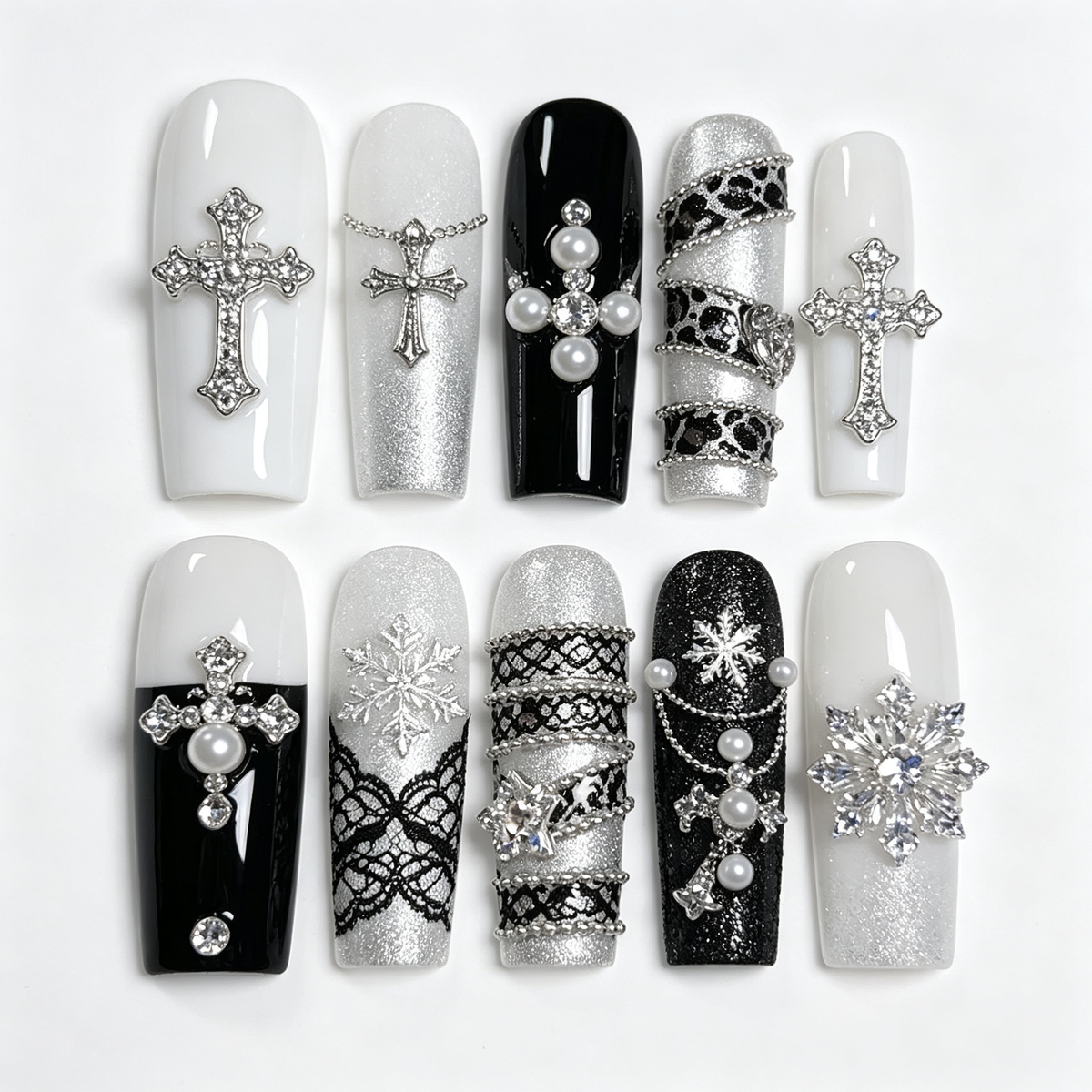 Black White Leopard Lace Long Press On Nails