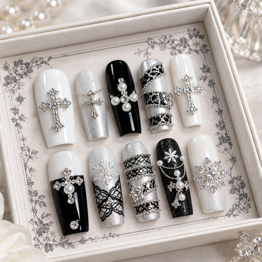 Black White Leopard Lace Long Press On Nails