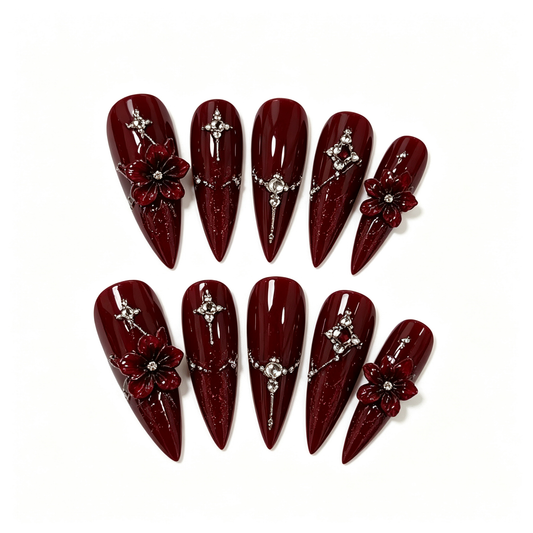 Wine Gold Flower Chain Medium Press On Nails