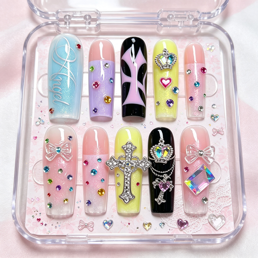 Colorful Crystal Crown Chain Long Press On Nails