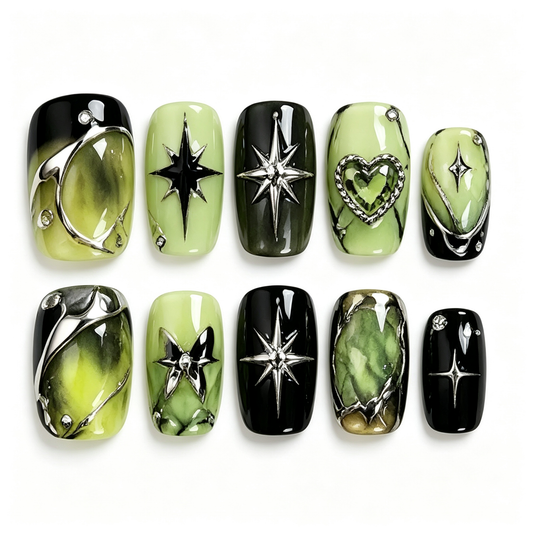 Lime Punk Y2K Star Press On Nails
