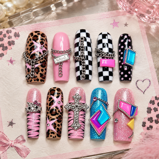Leopard Pink Graphic Charms Long Press On Nails