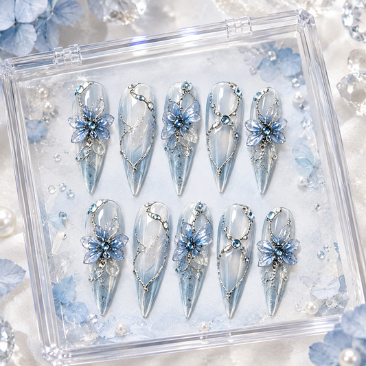 Ice Blue Frost Flower Medium Press On Nails