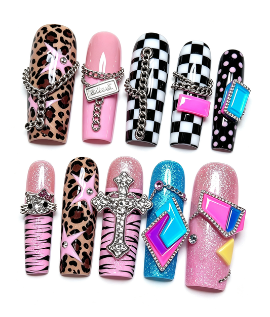 Leopard Pink Graphic Charms Long Press On Nails