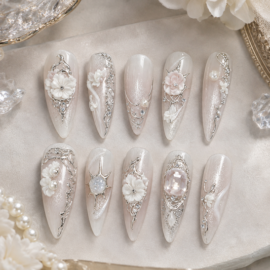 Nude Silver Flower Pink Gem Medium Press On Nails